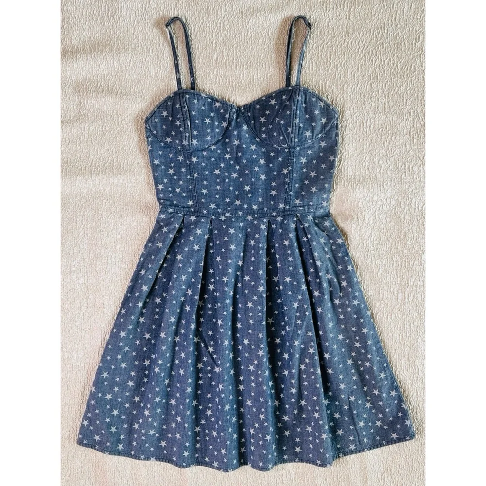 Y2K Vintage Denim Starry Sky Bustier A-line Dress LEI Juniors 3 - Picture 1 of 6